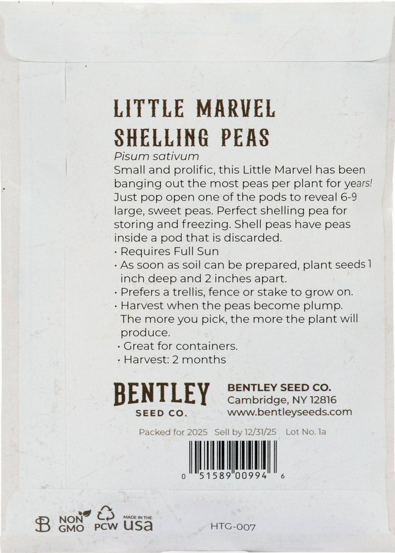 Bentley Seed Co. - Peas-Little Marvel Shelling 1900 seed packet showing planting instructions and branding, ideal for home gardeners seeking prolific, sweet heirloom peas.