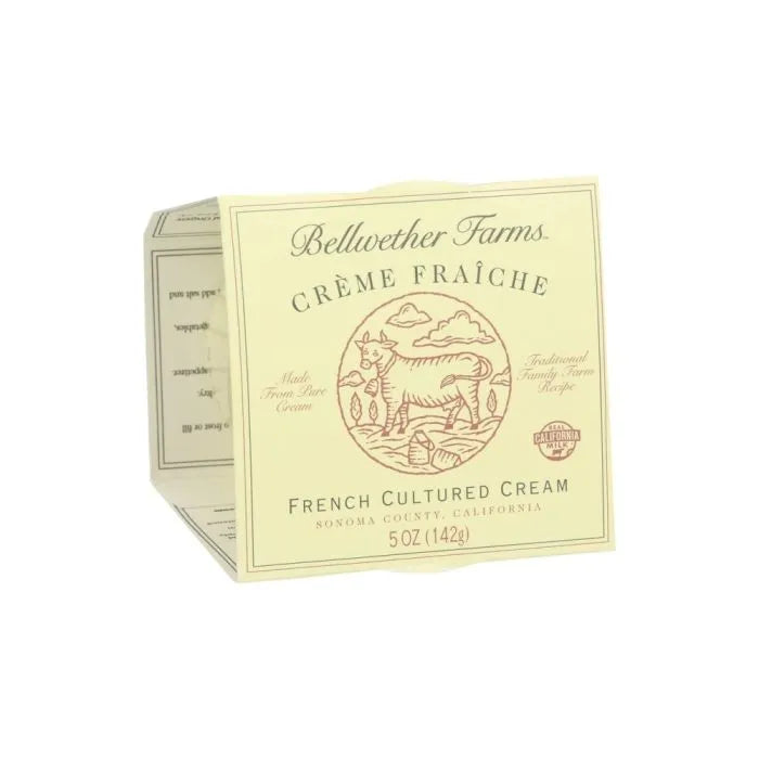 Bellwether Farms Crème Fraîche packaging featuring a hand-drawn cow, highlighting its rich, nutty flavor, ideal for enhancing sauces without curdling.