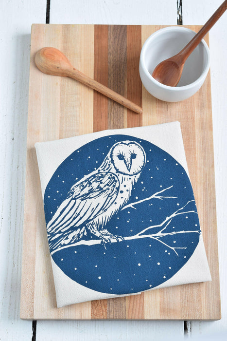 Hearth and Harrow - Organic Cotton Barn Owl Tea Towel - Navy - Bird Kitchen.