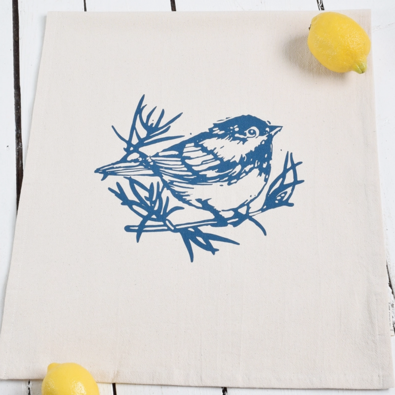 Hearth and Harrow | Organic Cotton Chickadee Tea Towel in Navy Blue