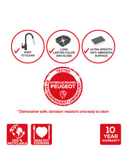 Infographic highlighting Peugeot Appolia Square Baking Dish 14 inches, Ecru: easy to clean, long-lasting color, ultra-smooth surface, recyclable, healthy cooking, 10-year warranty.