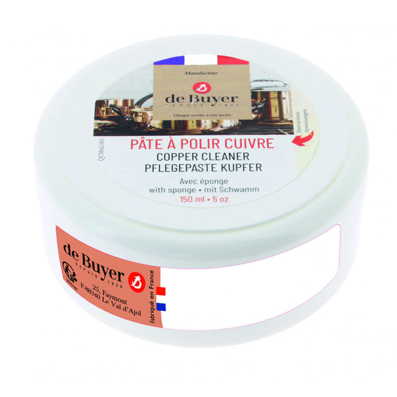de Buyer | COPPER CLEANER 5 OZ tub with sponge, designed for restoring copper cookware shine. Made in France, perfect for Athens Cooks' curated kitchen tools selection.