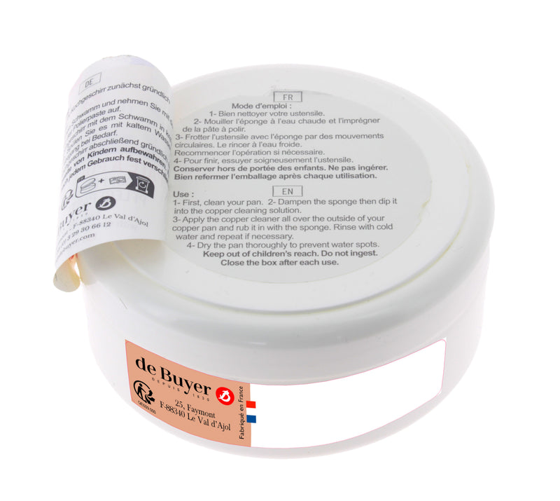 de Buyer COPPER CLEANER 5 OZ tub with multilingual instructions, designed to restore and maintain cookware's shine, featured at Athens Cooks kitchen store.