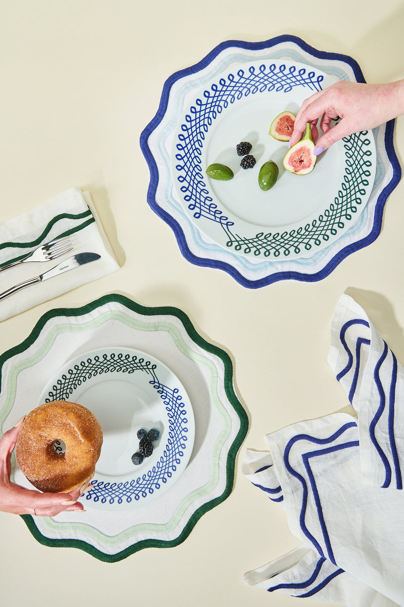 Misette | Colorblock Embroidered Linen Placemats, Blue, Set of 4
