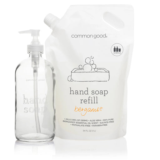 Common Good | Hand Soap Bergamot: Clear glass pump dispenser with a 34 fl oz refill pouch, bergamot scent, germ-killing, aloe-infused, sulfate-free, plant-based soap.