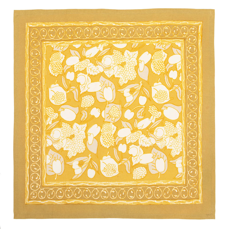 Caravan Home 19 x 19 Forest Harvest Grey & Mustard Napkins Set of 6, featuring hand-printed floral and fruit motifs inspired by Provençal forests.