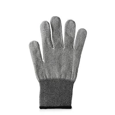 Microplane | Cut Resistant Kitchen Safety Gloves: Gray knit glove with textured surface and ribbed cuff, ideal for safe handling of sharp kitchen tools and preventing injuries.