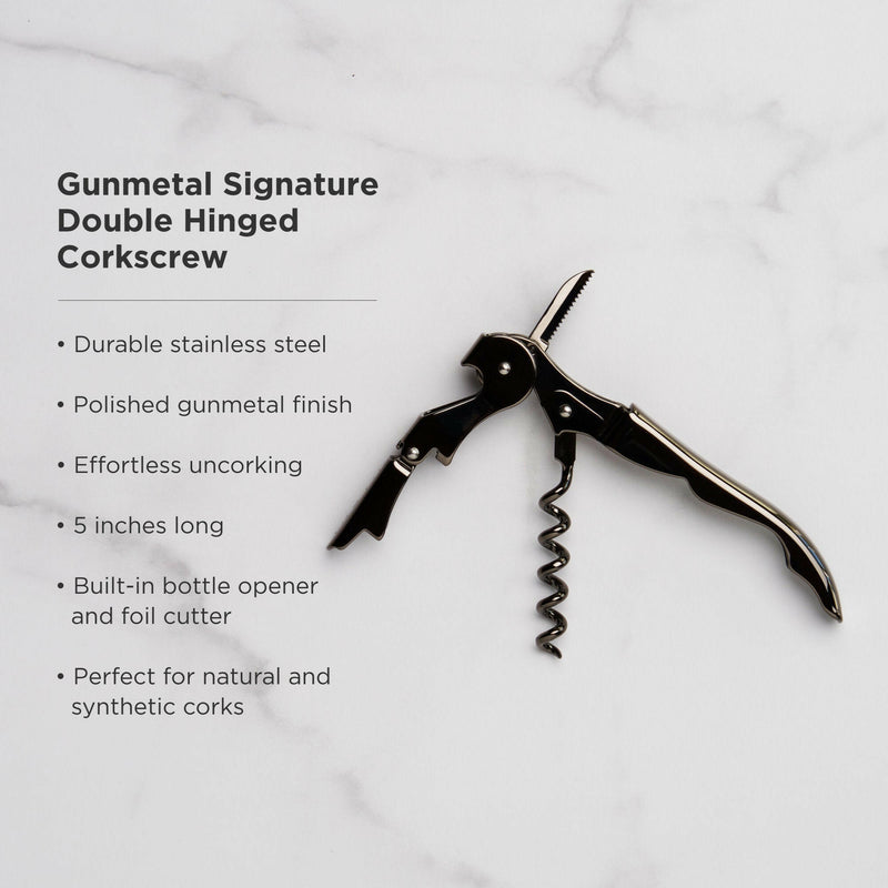 Viski | Warren Signature Waiter's Corkscrew - Gunmetal, featuring a polished gunmetal finish, double-hinged arm, foil cutter, and five-turn worm, epitomizing top-tier barware craftsmanship.