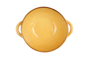 Novita | Mediterranean Stoneware Soup Bowl - Yellow, showcasing a close-up of the textured handle and unique finish, ideal for soups and pasta.