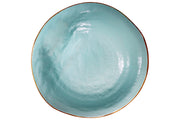 Novita Mediterraneo Soup & Pasta Stoneware Bowl in Turquoise with gold rim, handcrafted in Portugal, features a textured finish and smooth glaze.