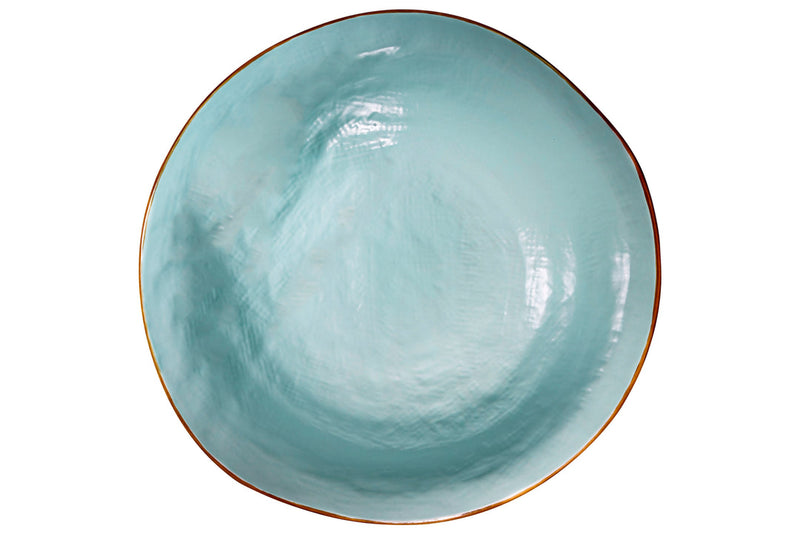 Novita Mediterraneo Soup & Pasta Stoneware Bowl in Turquoise with gold rim, handcrafted in Portugal, features a textured finish and smooth glaze.