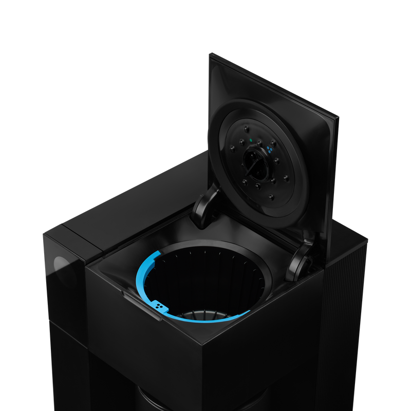 FELLOW - Aiden Precision Coffee Maker: Matte Black with an open lid, showcasing its innovative design for brewing precision pour-over style coffee.