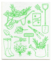 Bespoke Provisions - Gardening Swedish Dishcloth with green line drawings of garden tools and plants, ideal for eco-friendly cleaning, available at Athens Cooks.
