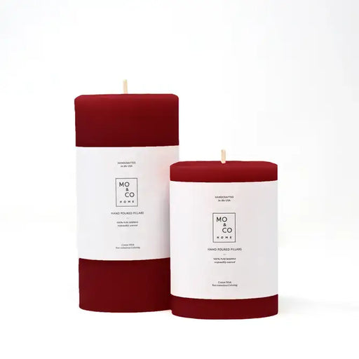 Mo&Co Home - 100% Beeswax Pillar Candles in Berry Red, hand-poured, featuring two sizes for clean burning, eco-conscious home decor.