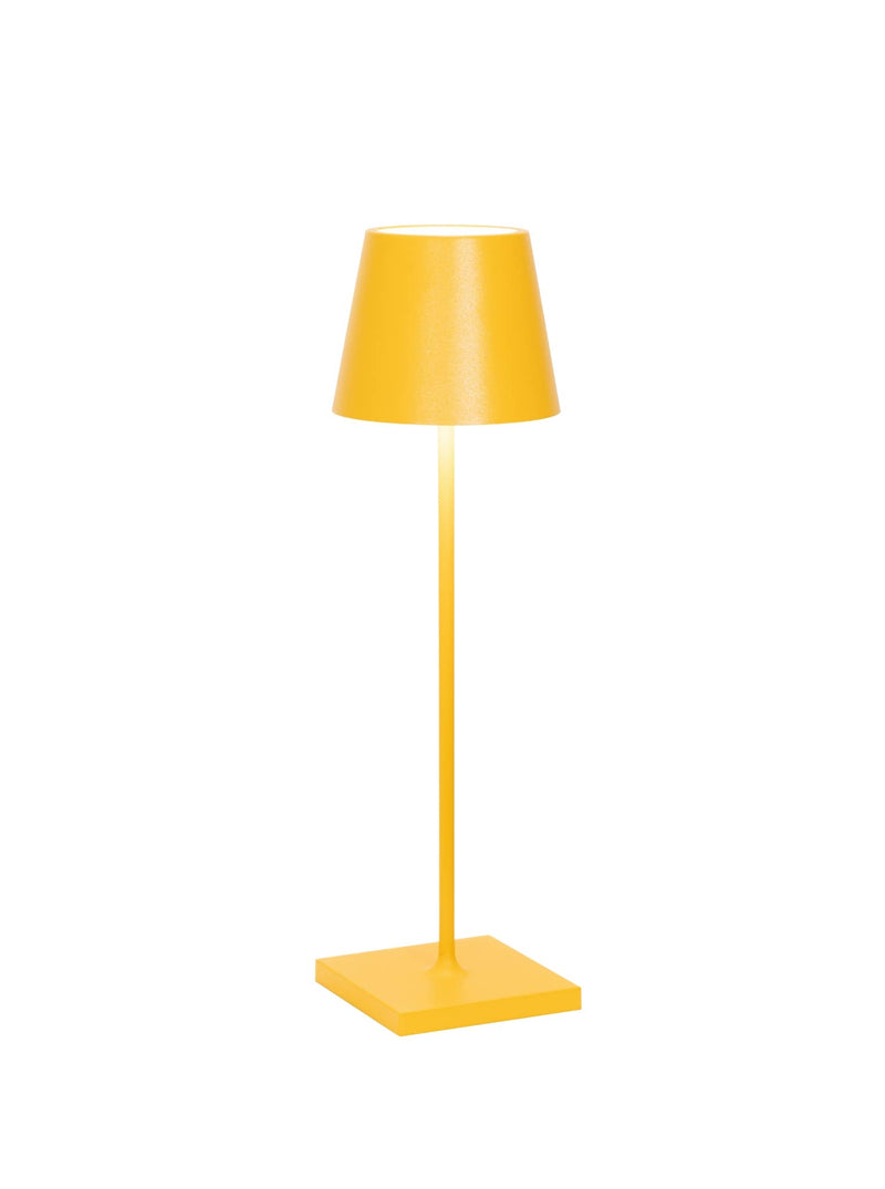 Zafferano America - Poldina Pro Cordless Lamp: Rust, featuring a yellow conical shade and slim base, offers cordless, dimmable LED lighting for versatile indoor/outdoor use.