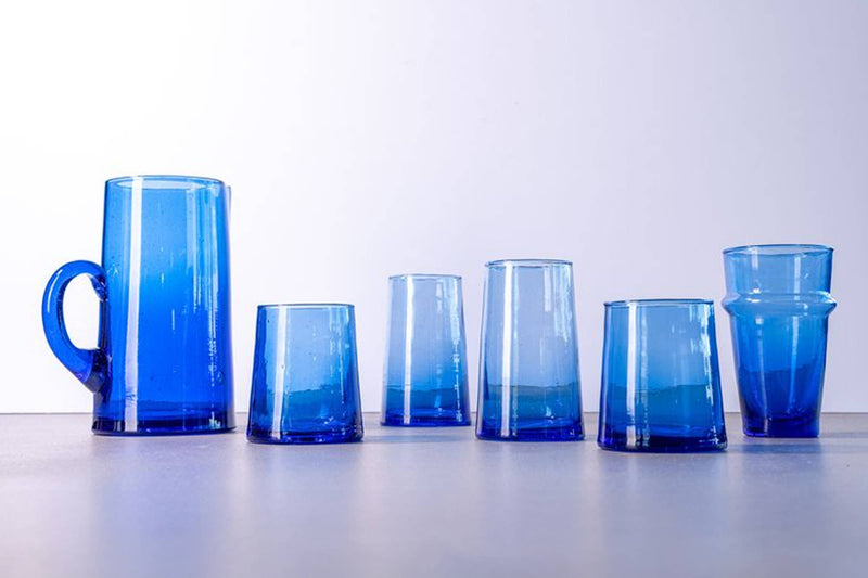 Set of 6 Moroccan Cone Glassware Large - Blue, hand-blown with visible bubbles, crafted from recycled bottles, showcasing artisanal skill; ideal for drinks or decor.