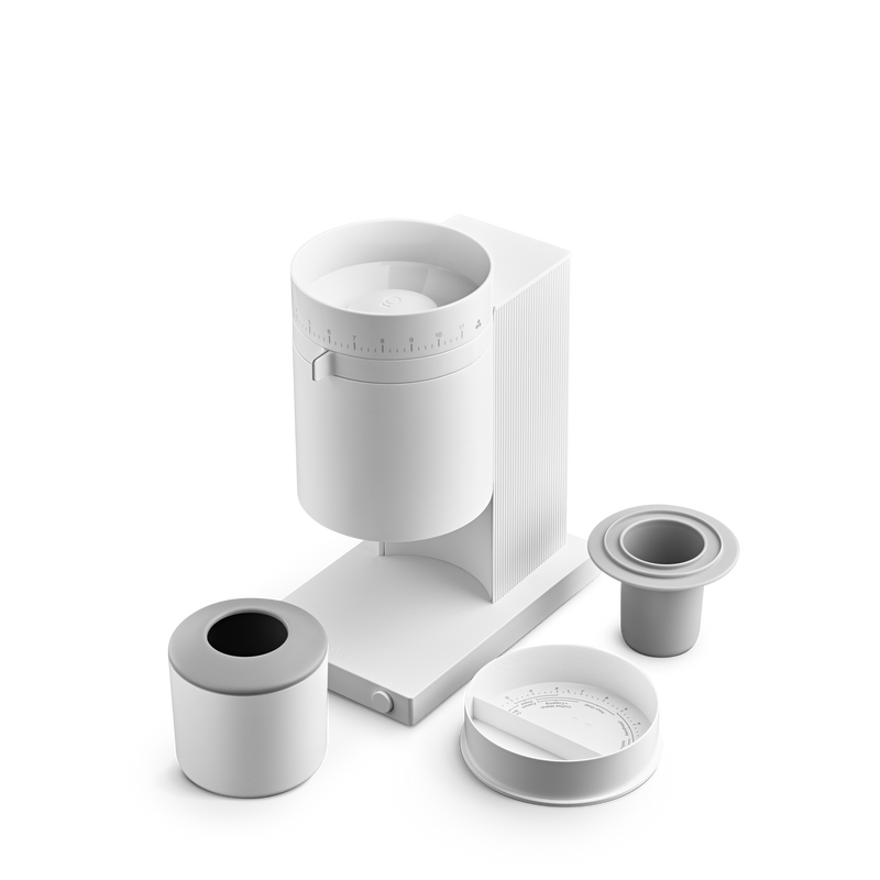 Fellow | Opus Conical Burr Grinder - Matte Black, featuring a sleek design with a spouted catch, volumetric dosing lid, and innovative 6-blade burr set for precision grinding.