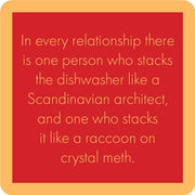 Drinks on Me coaster with humorous dishwasher stacking caption, ideal for adding humor to kitchen or bar decor. Perfect for gifting and surface protection.