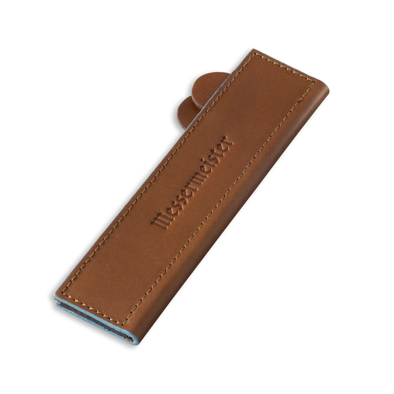 Messermeister - Leather Magnetic Edge-Guard - 6.5: Brown leather sheath for knives, embossed brand, with magnetic closure and soft interior for blade protection.