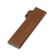 Messermeister - Leather Magnetic Edge-Guard - 8.5: Brown leather sleeve for kitchen knives, embossed logo, magnetic closure, felt-lined for blade protection.