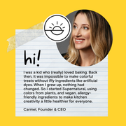 Supernatural - Twinkles Sanding Sugar: Ruby Red, set against a yellow backdrop with a heartfelt founder's note, embodies vibrant, plant-based baking creativity.