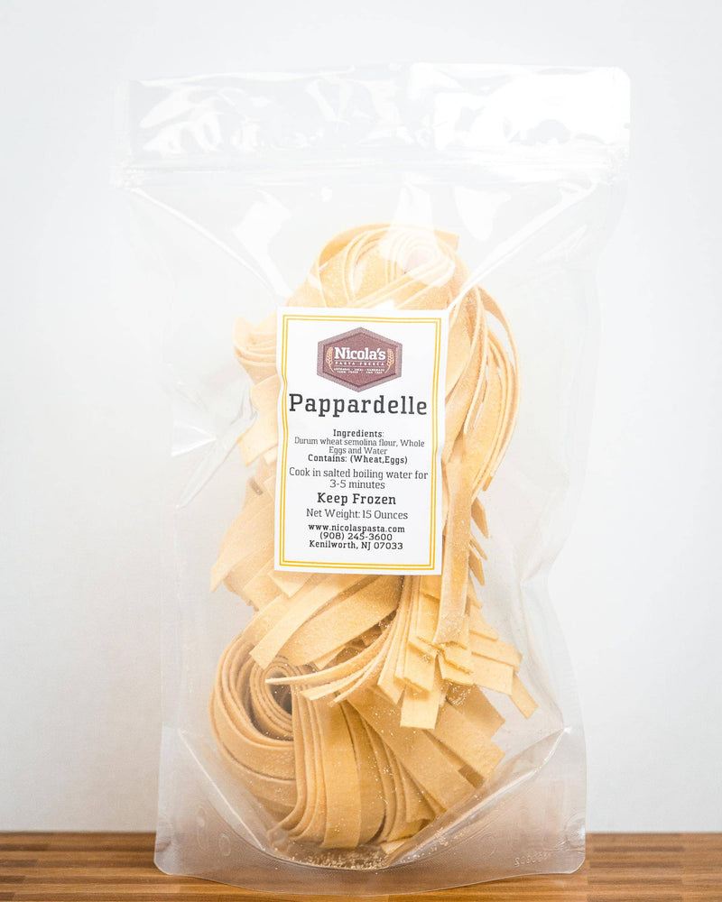 Nicola's Marketplace - Pappardelle: Fresh, frozen pappardelle pasta in a resealable pouch, featuring premium ingredients from local farmers, ideal for quick Italian meals.