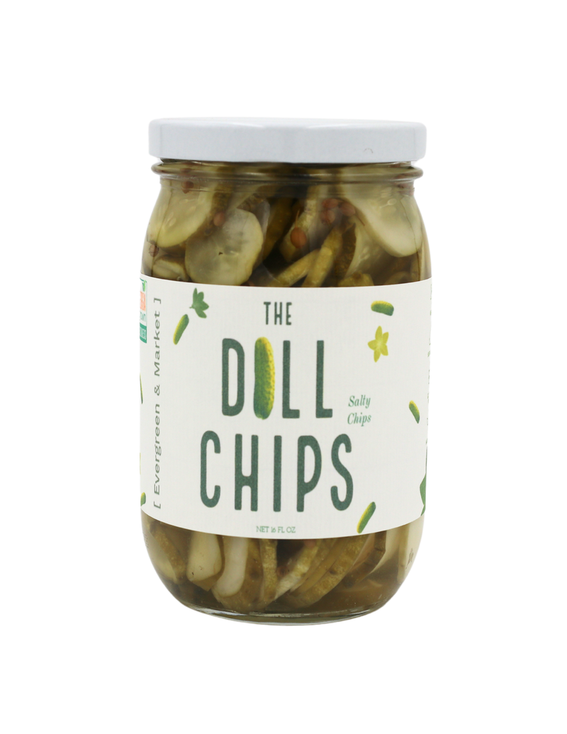 [PICKLES] by Evergreen and Market - The Dill Chips in a 16 fl oz glass jar, showcasing thin dill pickle slices in brine, perfect for snacking or sandwiches.