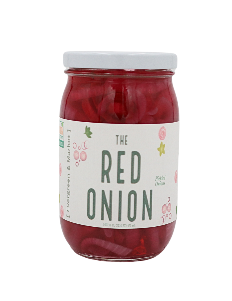 [PICKLES] by Evergreen and Market - The Red Onion: Glass jar of thinly sliced pickled red onions, showcasing complex flavors from Athens Cooks' specialty food selection.