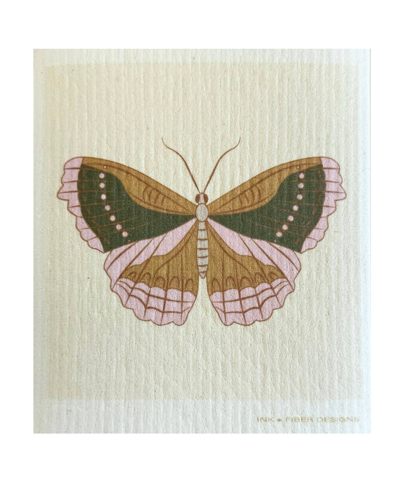 Ink and Fiber Designs - Butterfly 2 Swedish Dishcloth, featuring an intricate butterfly design on a white surface, ideal for eco-friendly kitchen cleaning and reusable up to 200 times.