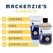MacKenzie's Fisherman Hand Scrub promo featuring 6 fl oz and 16 fl oz containers with fish logo, ideal for cleaning hands after fishing, cooking, or gardening.