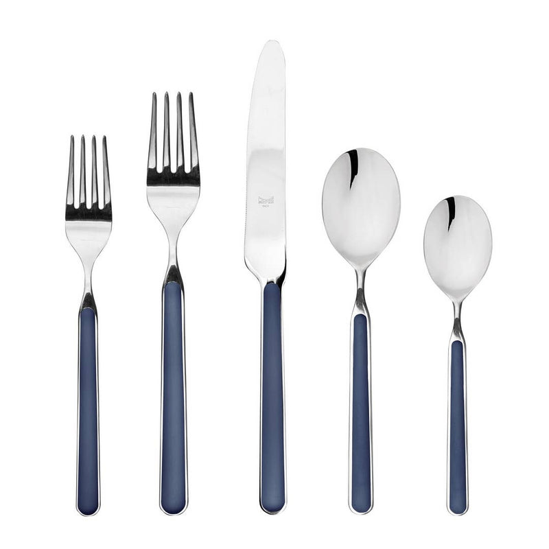 Mepra SPA - Place Set 5 Pcs Fantasia: Sugar Paper, featuring durable blue-handled silverware crafted from high-quality Italian stainless steel and resin for elegant dining.