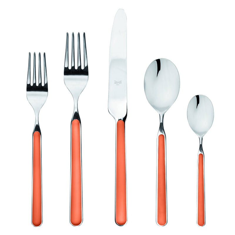 Mepra SPA - Place Set 5 Pcs Fantasia: China, featuring silverware with orange handles, crafted from high-quality stainless steel and resin, showcasing elegant and timeless design.