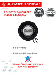 Peugeot | Bistro Salt Mill, Pearl Grey: German spec sheet showcases a durable rock salt grinder with 25-year warranty, featuring a ZIRLION mechanism and maximum grain size of 6 mm.