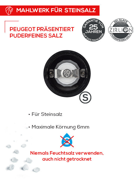 Peugeot | Bistro Salt Mill, Pearl Grey: German spec sheet showcases a durable rock salt grinder with 25-year warranty, featuring a ZIRLION mechanism and maximum grain size of 6 mm.