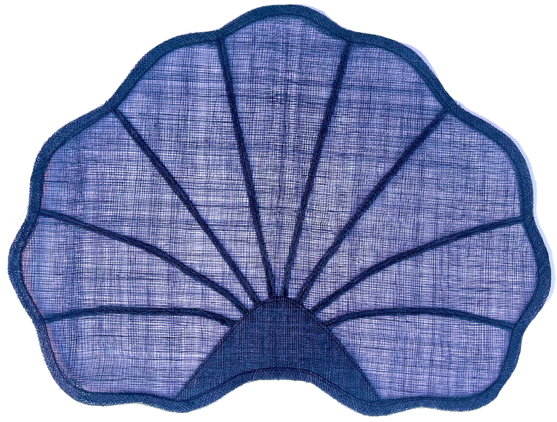 Tisch New York - Placemat, Natural, Nautilus (Navy); handwoven Sinamay fiber, 15 diameter, fan-shaped with stitched ribs, crafted in the Philippines.