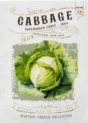 Bentley Seed Co. - Cabbage-Copenhagen Early 1909 packet with illustrated cabbage, 900 mg, $3.99, 350-355 seeds, ideal for gardens, non-GMO heirloom variety.