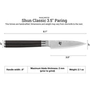 Shun | Classic Paring Ebony, 3.5 inches knife diagram displaying dimensions, highlighting the handcrafted nature and versatile use for peeling and trimming in kitchens.