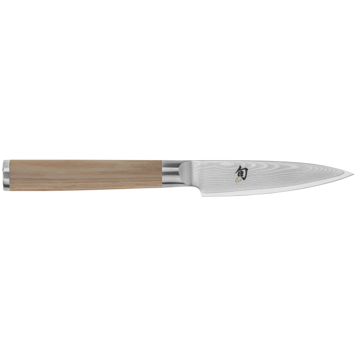 Shun | Classic Starter Set Blonde, 3 Piece features a Japanese-style paring knife with a Damascus-patterned blade and octagonal wood handle, ideal for precision kitchen tasks.