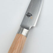 Shun | Classic Blonde Paring, 3.5 inches features a Damascus-style blade, kanji logo, and unfinished wooden wa-handle, perfect for precision kitchen tasks.