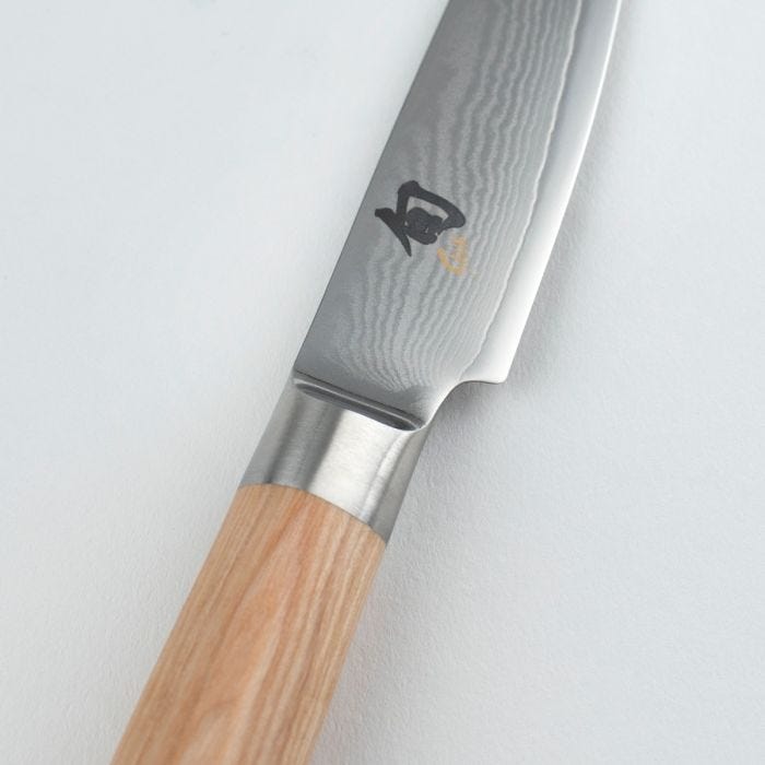 Shun | Classic Blonde Paring, 3.5 inches features a Damascus-style blade, kanji logo, and unfinished wooden wa-handle, perfect for precision kitchen tasks.