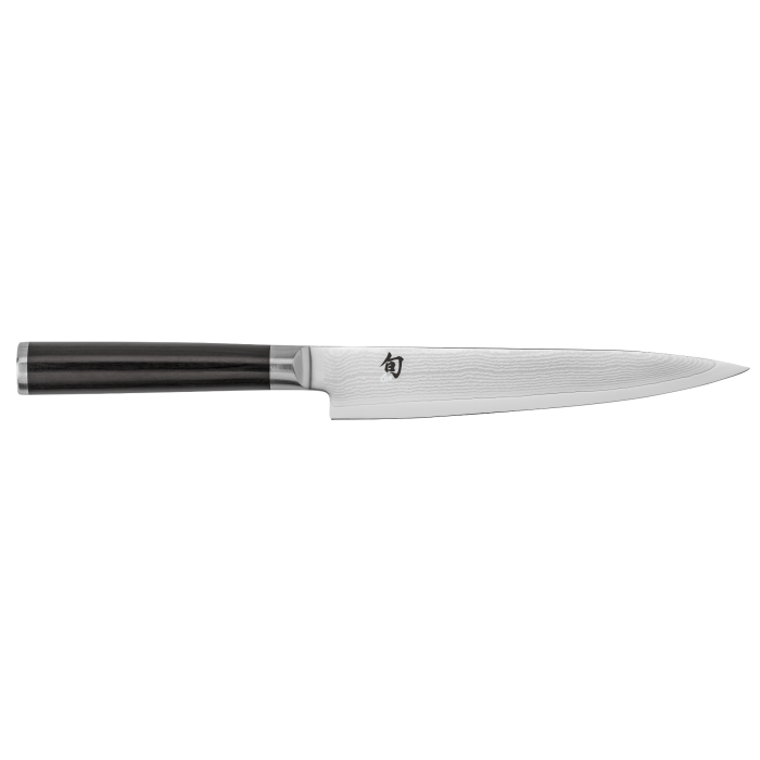 Shun Classic Utility 6 Ebony knife with a stainless-steel blade featuring a Damascus pattern and an octagonal dark wooden handle, ideal for precise kitchen tasks.