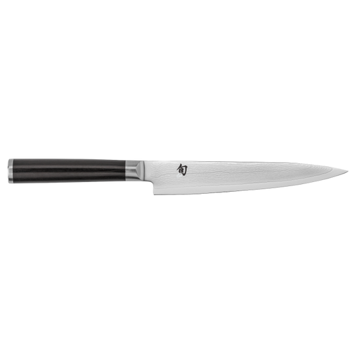 Shun Classic Utility 6 Ebony knife with a stainless-steel blade featuring a Damascus pattern and an octagonal dark wooden handle, ideal for precise kitchen tasks.