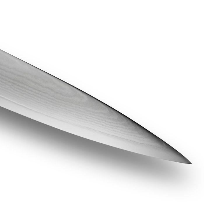 Close-up of the Shun Classic Blonde Utility Knife's sharpened tip, highlighting its precision blade, ideal for detailed kitchen tasks at Athens Cooks.
