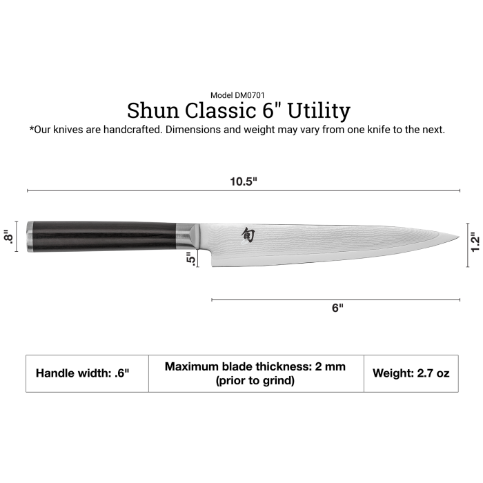 Shun | Classic Utility Ebony, 6 inches knife with Damascus blade pattern, dark PakkaWood handle, and key dimensions shown, ideal for precise kitchen tasks.