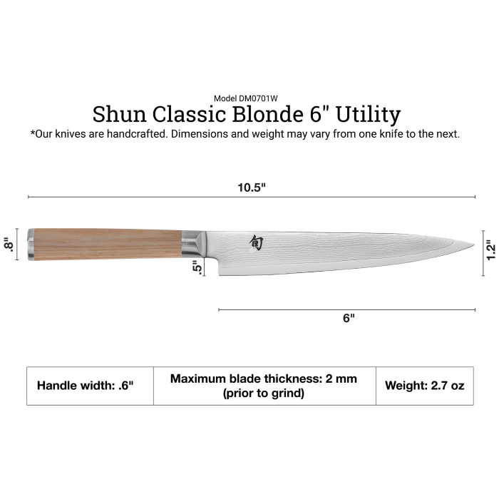 Shun Classic Blonde Utility Knife, 6 inches, features an 8 Damascus-patterned blade and a D-shaped wooden handle, perfect for precise slicing tasks.
