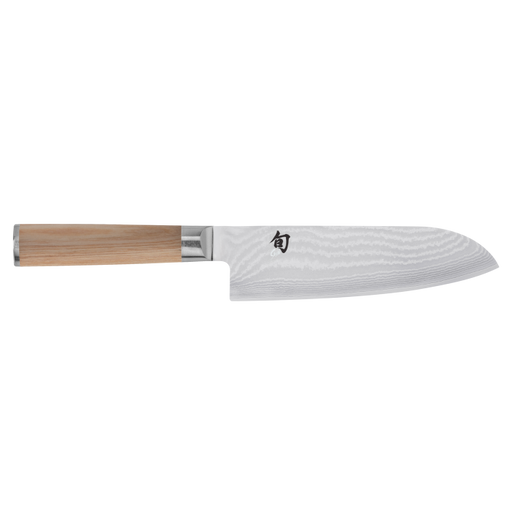 Shun Classic Blonde Santoku 7 knife with a Damascus-pattern steel blade and straight wooden handle, showcasing its versatile, lightweight design and ergonomic Pakkawood grip.