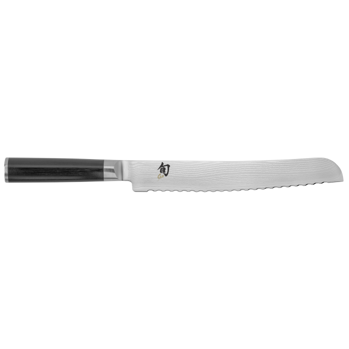 Shun Classic Knife Series - 9 Honing Steel, featuring a serrated Damascus blade and pakkawood handle, ideal for precise bread slicing.