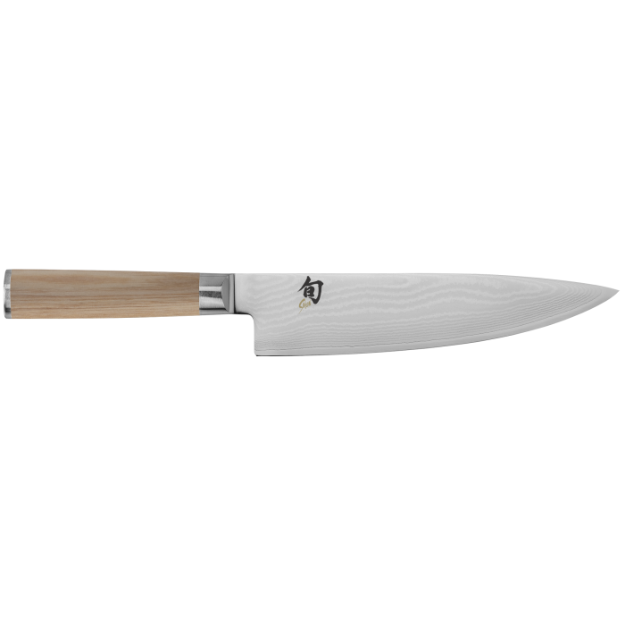 Shun Classic Starter Set Blonde, 3 Piece: Includes chef's, paring, and utility knives with Damascus-patterned blades, pakkawood handles, and Shun kanji logo. Ideal for precision cooking.