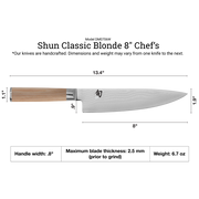 Shun Classic Chef's Blonde 8-inch gyuto knife; features Damascus-style blade with kanji logo, light wood octagonal handle, showcasing precise dimensions and craftsmanship.
