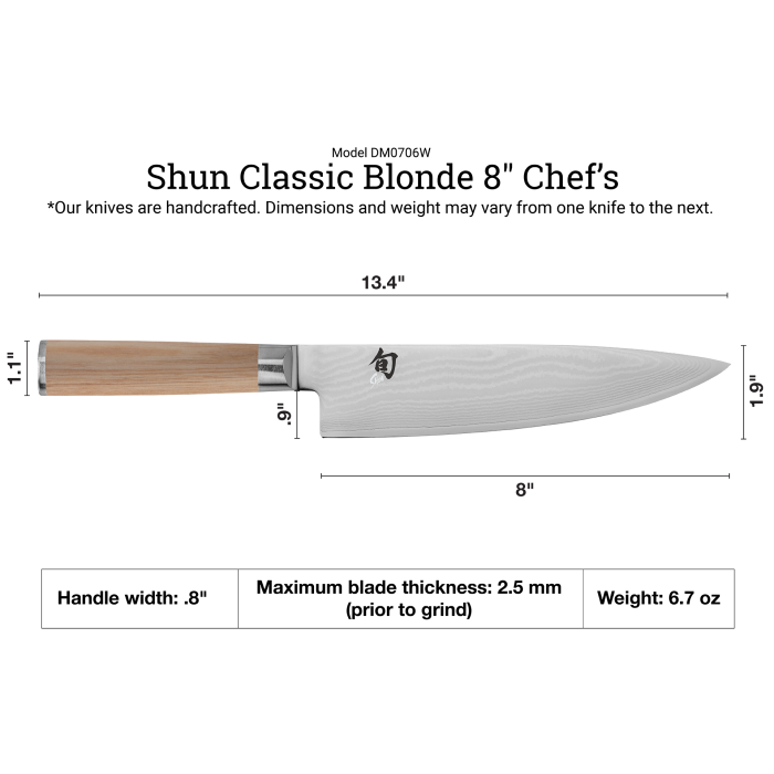 Shun Classic Chef's Blonde 8-inch gyuto knife; features Damascus-style blade with kanji logo, light wood octagonal handle, showcasing precise dimensions and craftsmanship.
